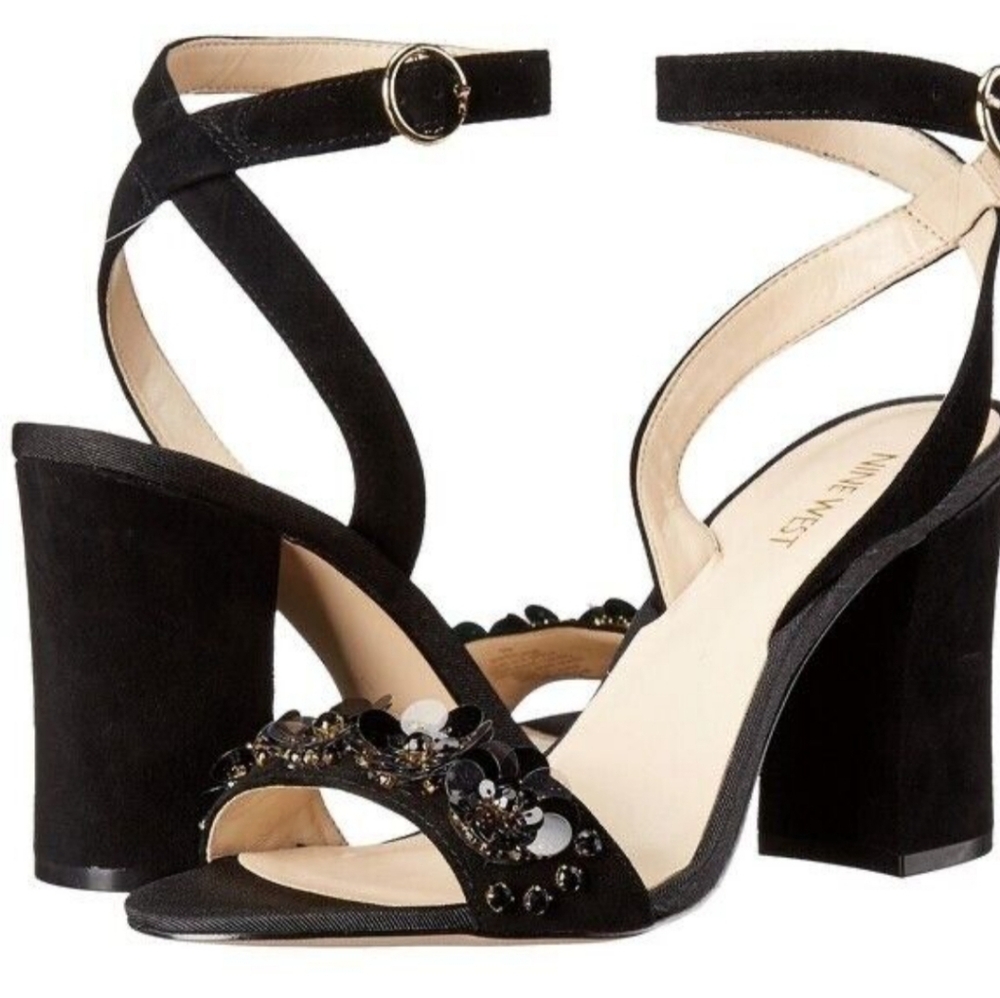 Nine West Balada Black Suede Heeled Sandals Size 6.5